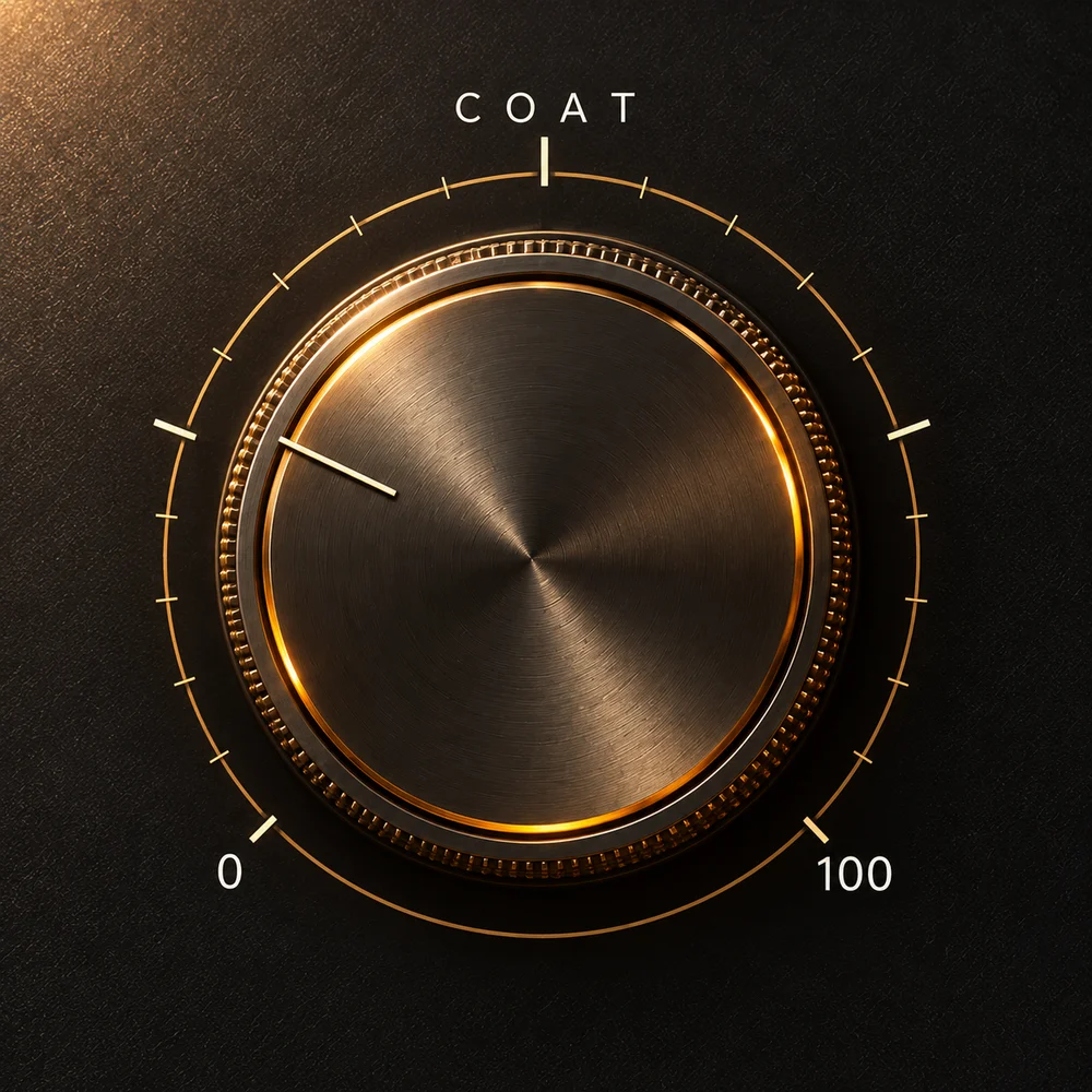Front-facing LACQUER COAT saturation knob concept close-up with its 0–100 scale