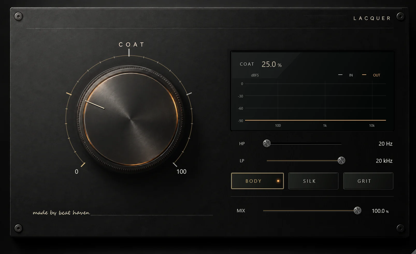 Actual LACQUER interface: BODY, COAT 25%, MIX 100%, filters off