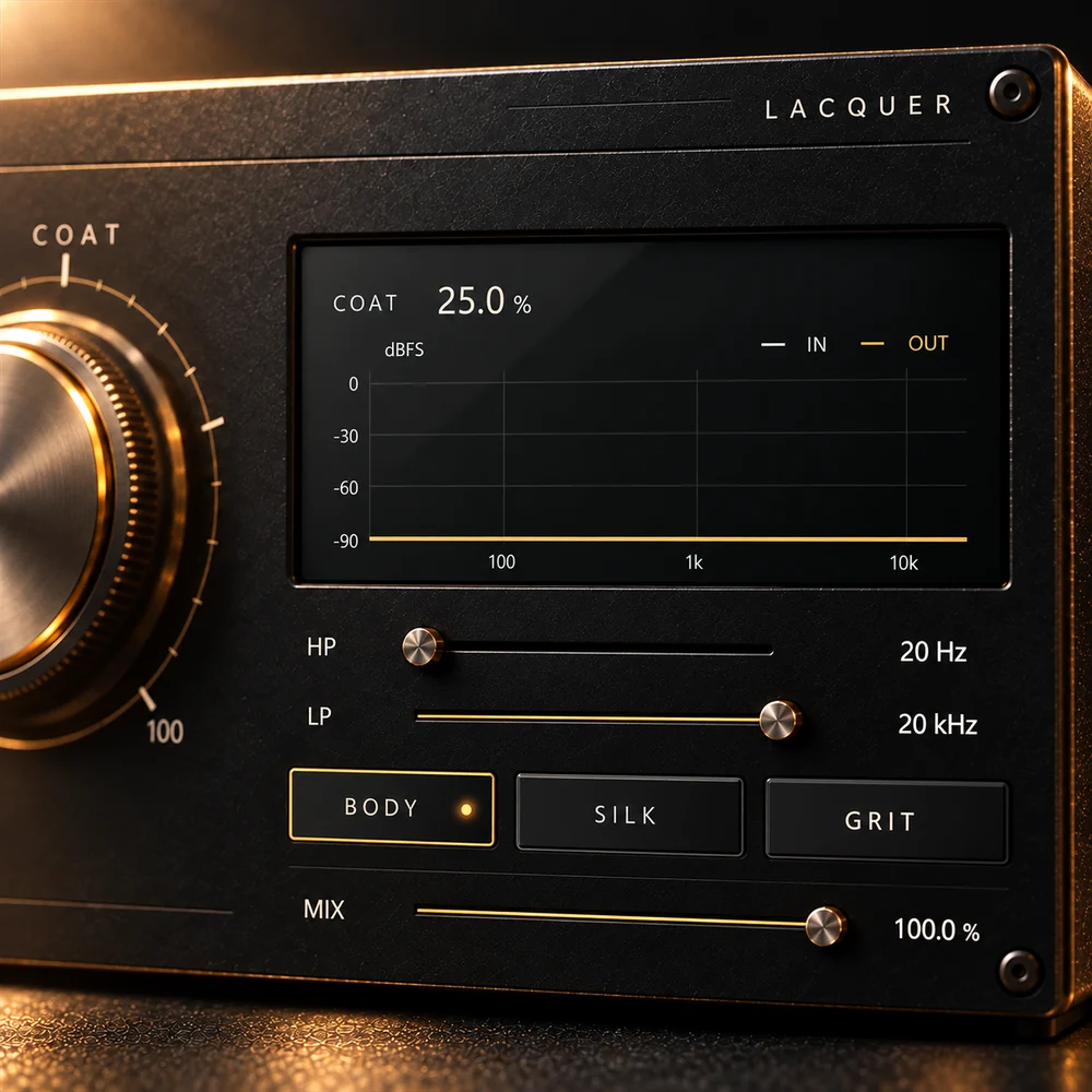 LACQUER concept close-up showing the spectrum, HP/LP filters, character buttons and complete MIX slider