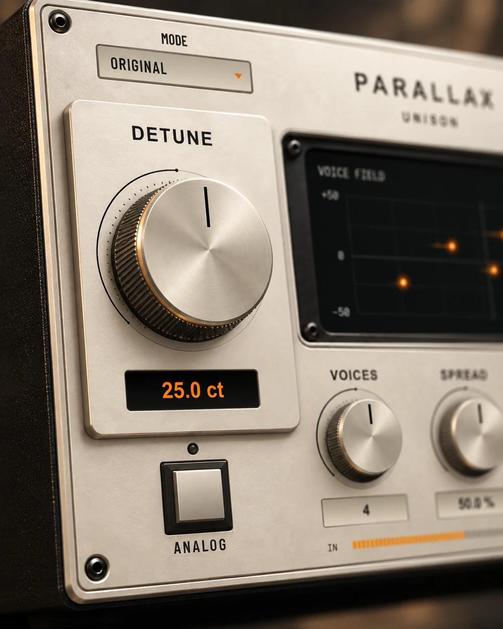 PARALLAX DETUNE knob close-up in the product concept visual